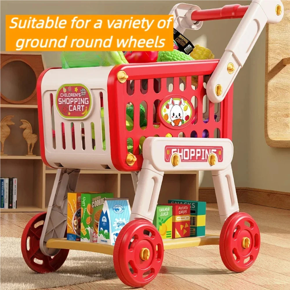 Shopping Cart Toy for Kids Supermarket Trolley with Toy Food Accessories Pretend Play Kitchen Games for Toddlers Ages 3+