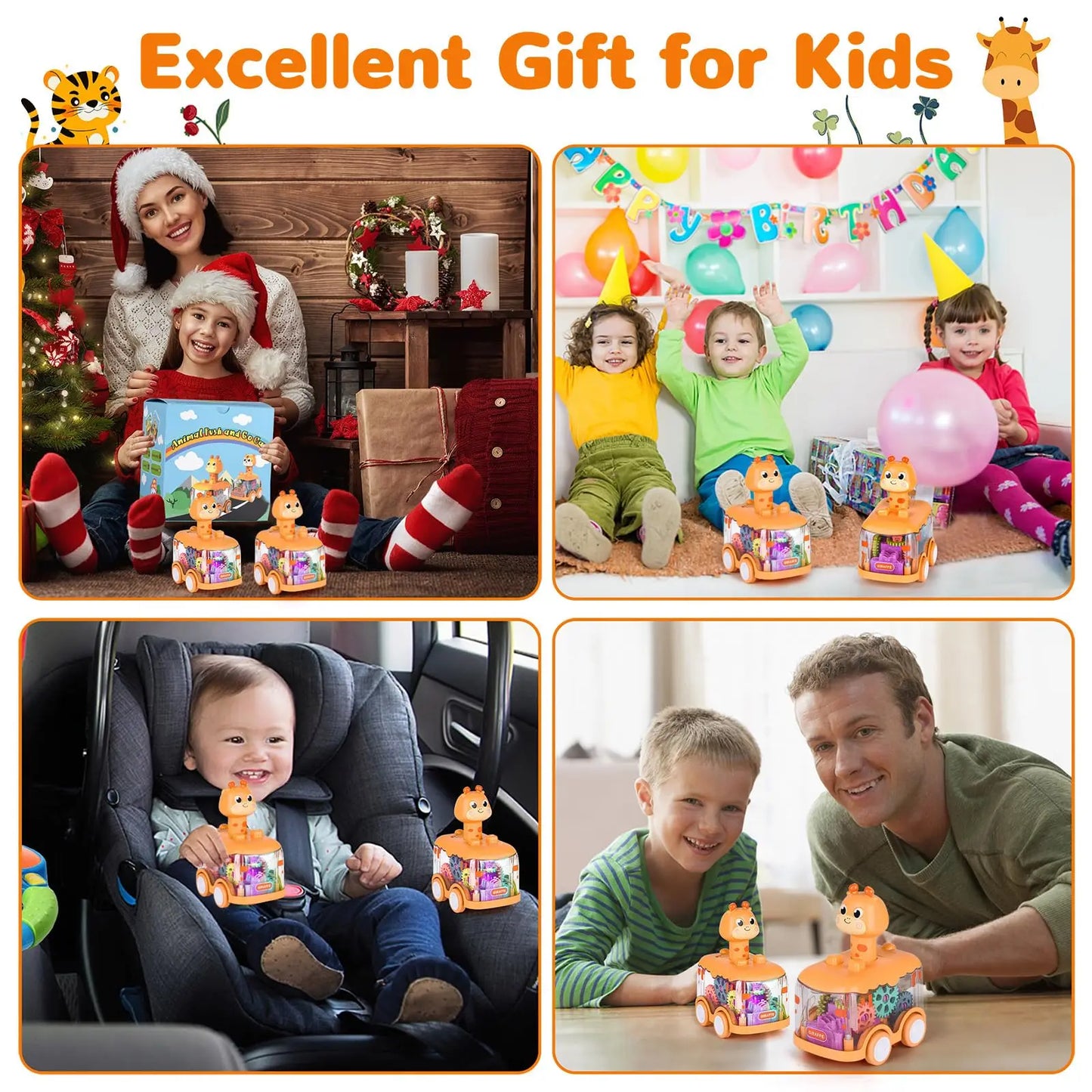 Baby Animal Car Toys for Toddlers 1 2 3 Years Light up LED Toy Pull Back Car with Visible Gear Birthday Gifts for Kids Boys Girl