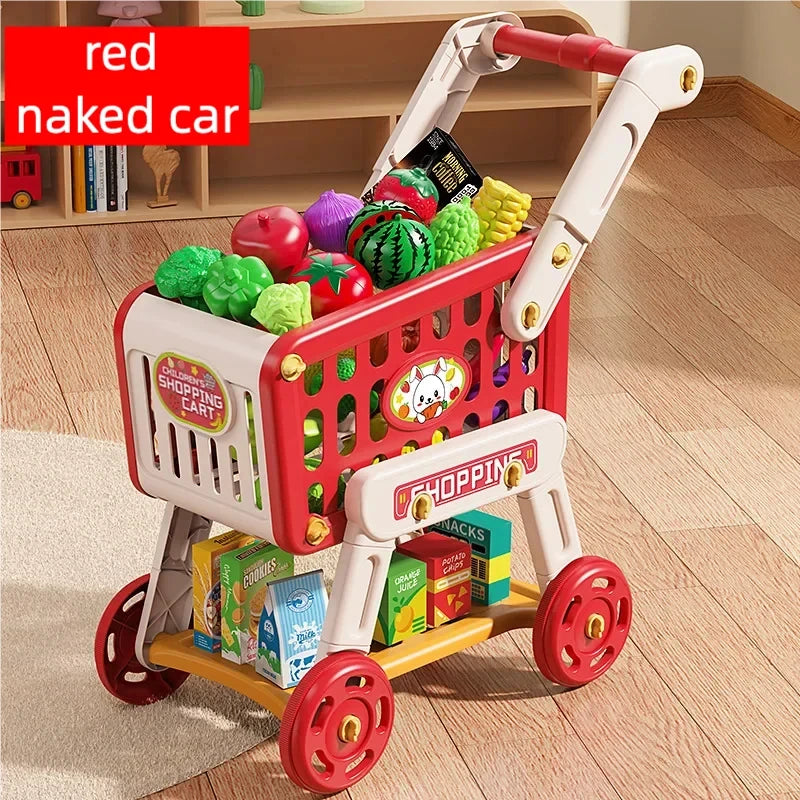 Shopping Cart Toy for Kids Supermarket Trolley with Toy Food Accessories Pretend Play Kitchen Games for Toddlers Ages 3+