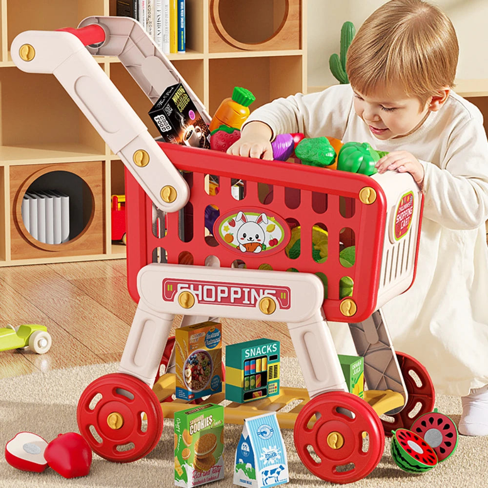 Shopping Cart Toy for Kids Supermarket Trolley with Toy Food Accessories Pretend Play Kitchen Games for Toddlers Ages 3+
