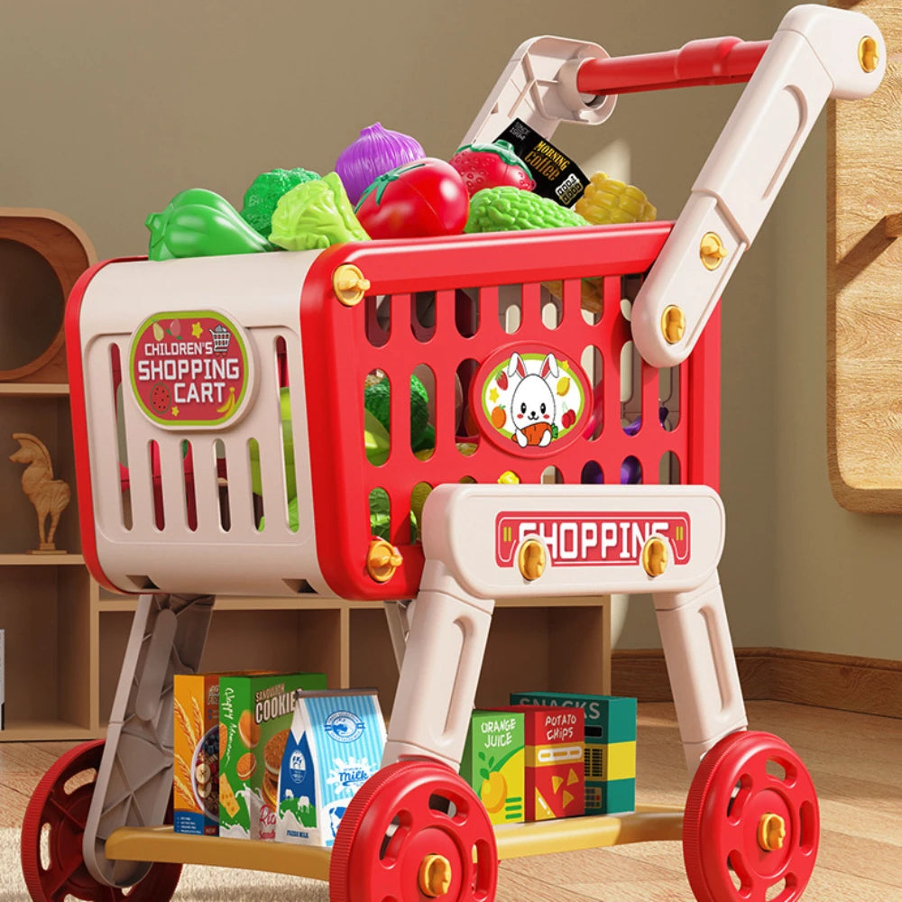 Shopping Cart Toy for Kids Supermarket Trolley with Toy Food Accessories Pretend Play Kitchen Games for Toddlers Ages 3+