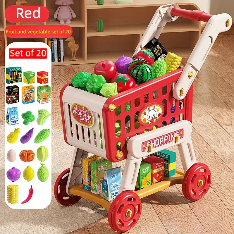 Shopping Cart Toy for Kids Supermarket Trolley with Toy Food Accessories Pretend Play Kitchen Games for Toddlers Ages 3+