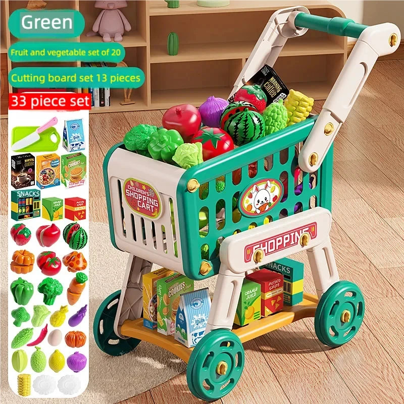 Shopping Cart Toy for Kids Supermarket Trolley with Toy Food Accessories Pretend Play Kitchen Games for Toddlers Ages 3+