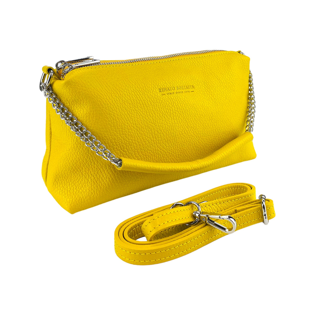 RB1025R | Women's Hand Bag with double zipper in Genuine Leather Made in Italy. Adjustable leather shoulder strap. Polished Nickel hardware - Yellow color - Dimensions: 26 x 14 x 9 cm.