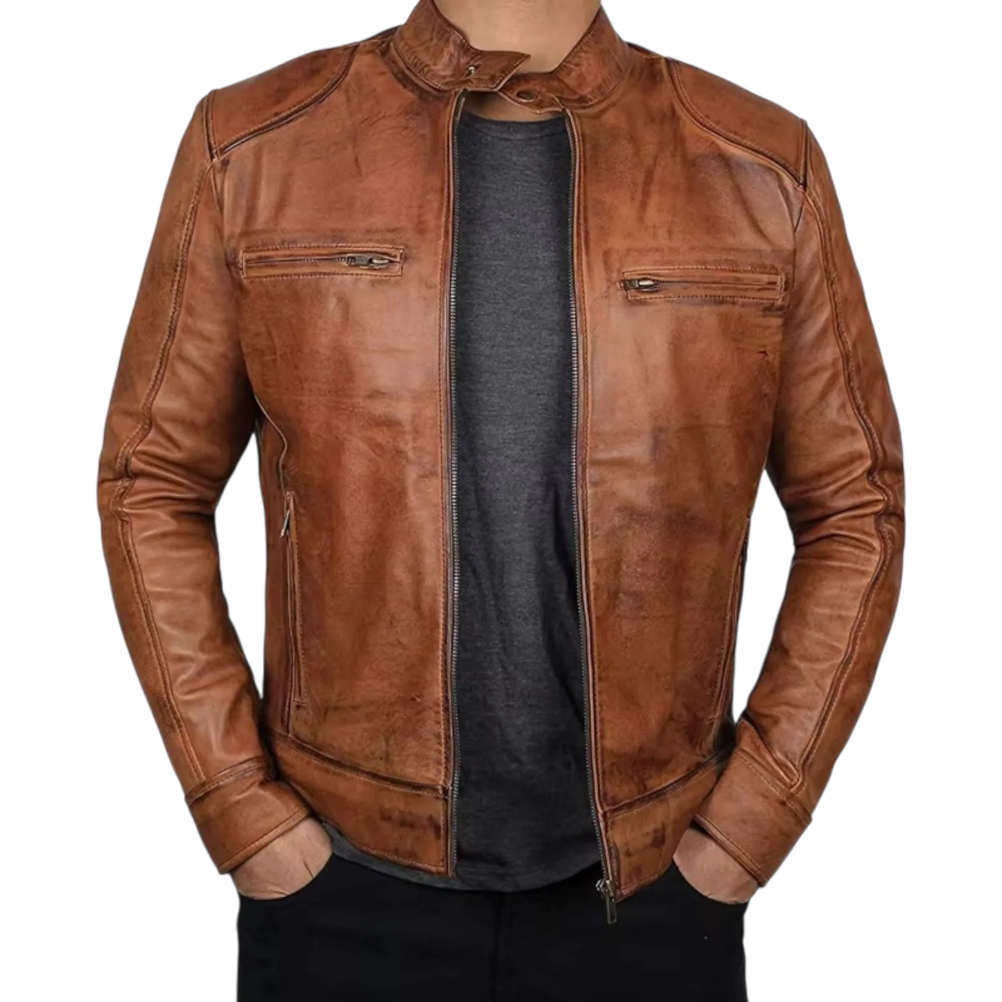 Men’s Tan Brown & Black Fashion Leather Jacket