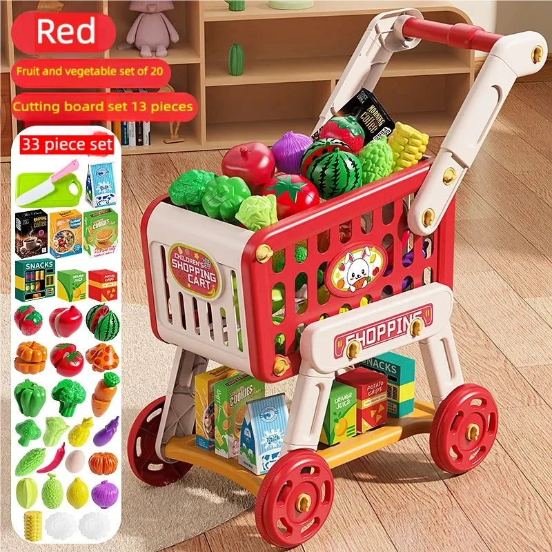 Shopping Cart Toy for Kids Supermarket Trolley with Toy Food Accessories Pretend Play Kitchen Games for Toddlers Ages 3+