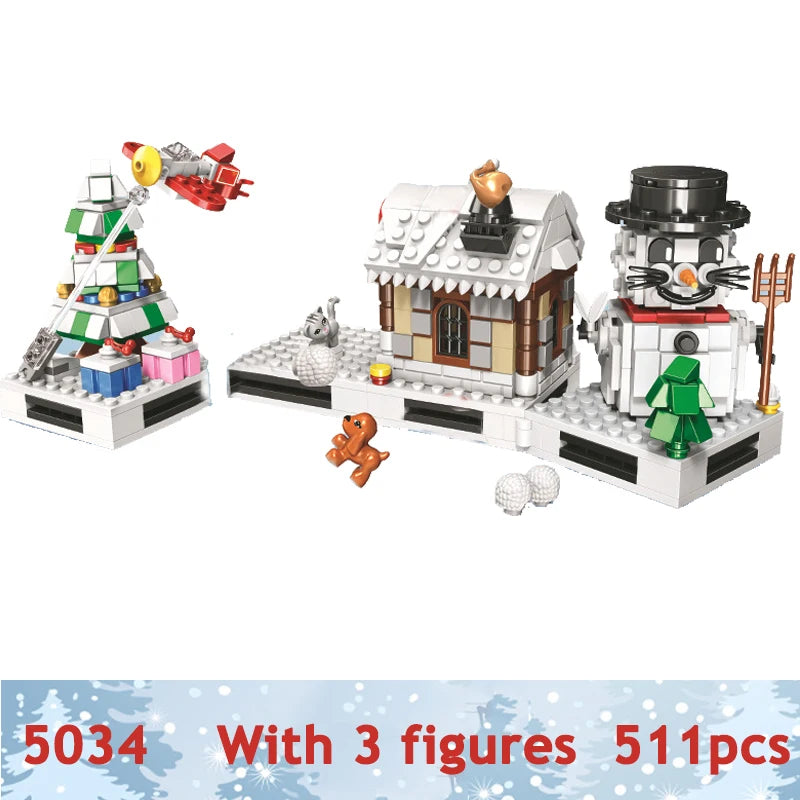 City Train Christmas Winter Village House Santa Gift Set Building Blocks City Street View Architecture Bricks Kids Toys Xmas
