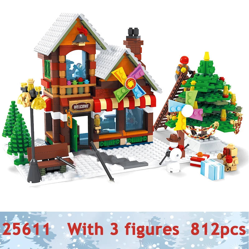 City Train Christmas Winter Village House Santa Gift Set Building Blocks City Street View Architecture Bricks Kids Toys Xmas