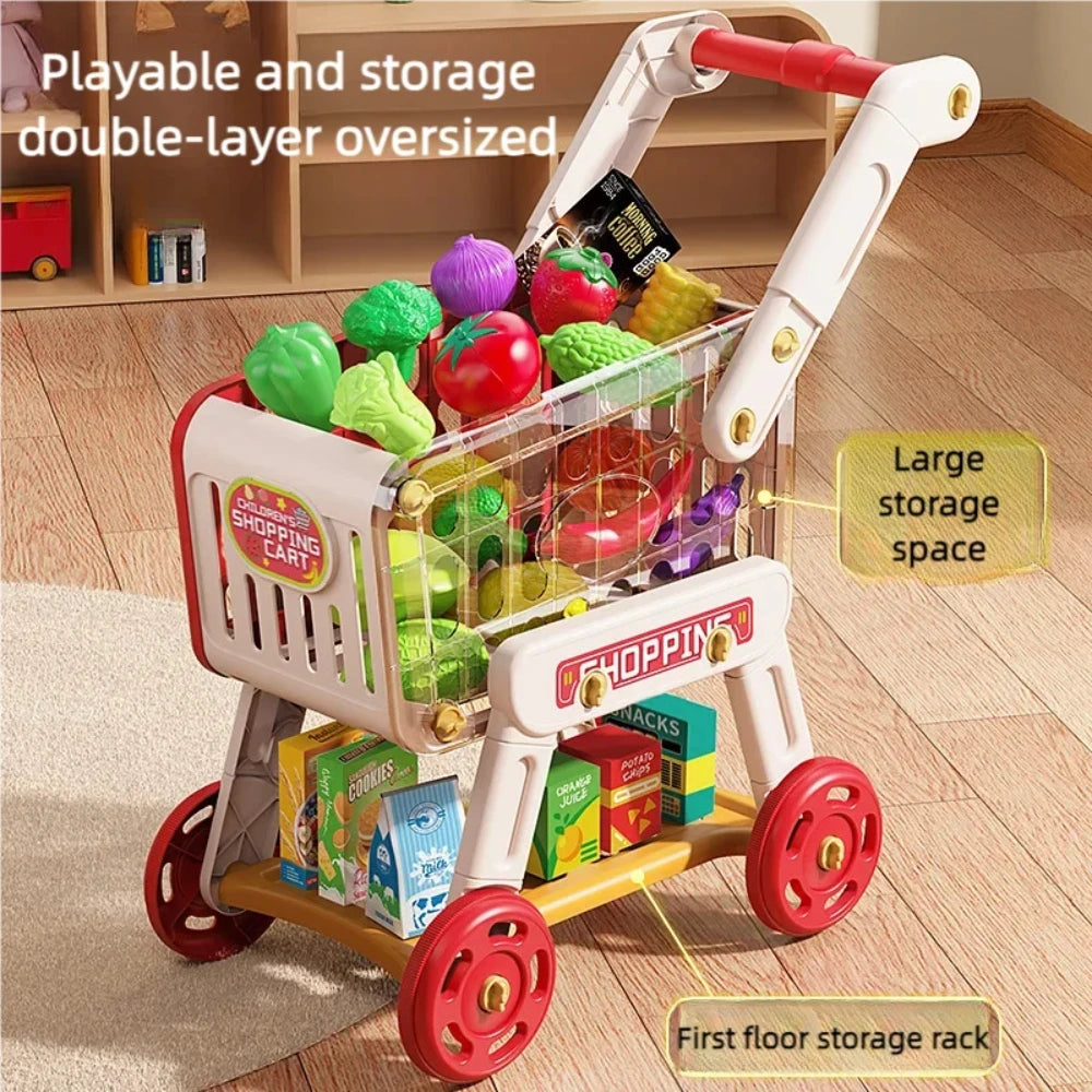 Shopping Cart Toy for Kids Supermarket Trolley with Toy Food Accessories Pretend Play Kitchen Games for Toddlers Ages 3+