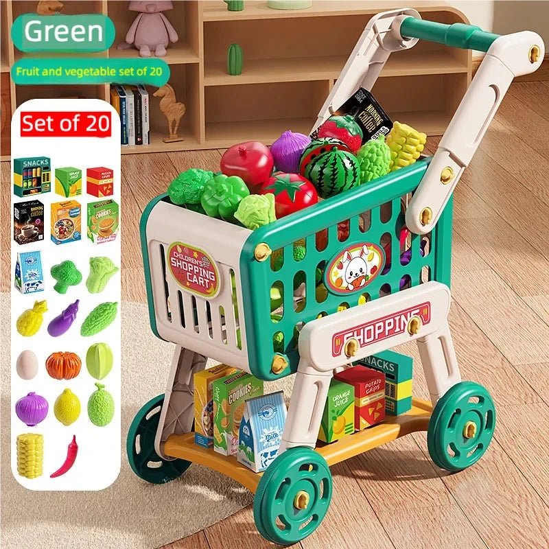Shopping Cart Toy for Kids Supermarket Trolley with Toy Food Accessories Pretend Play Kitchen Games for Toddlers Ages 3+