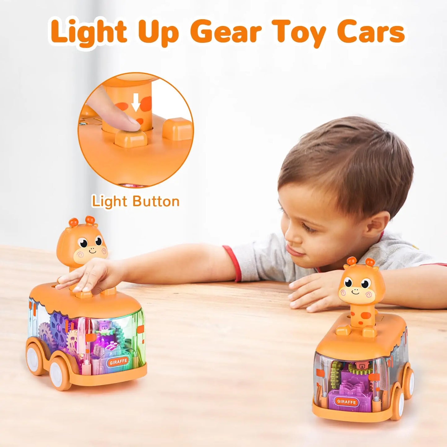 Baby Animal Car Toys for Toddlers 1 2 3 Years Light up LED Toy Pull Back Car with Visible Gear Birthday Gifts for Kids Boys Girl