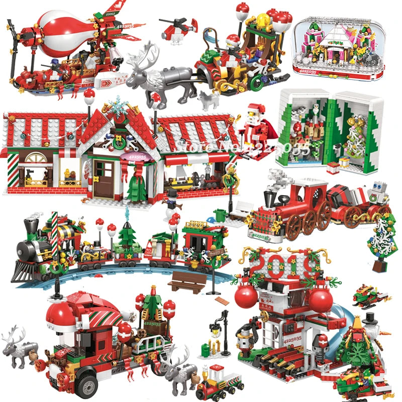 City Train Christmas Winter Village House Santa Gift Set Building Blocks City Street View Architecture Bricks Kids Toys Xmas