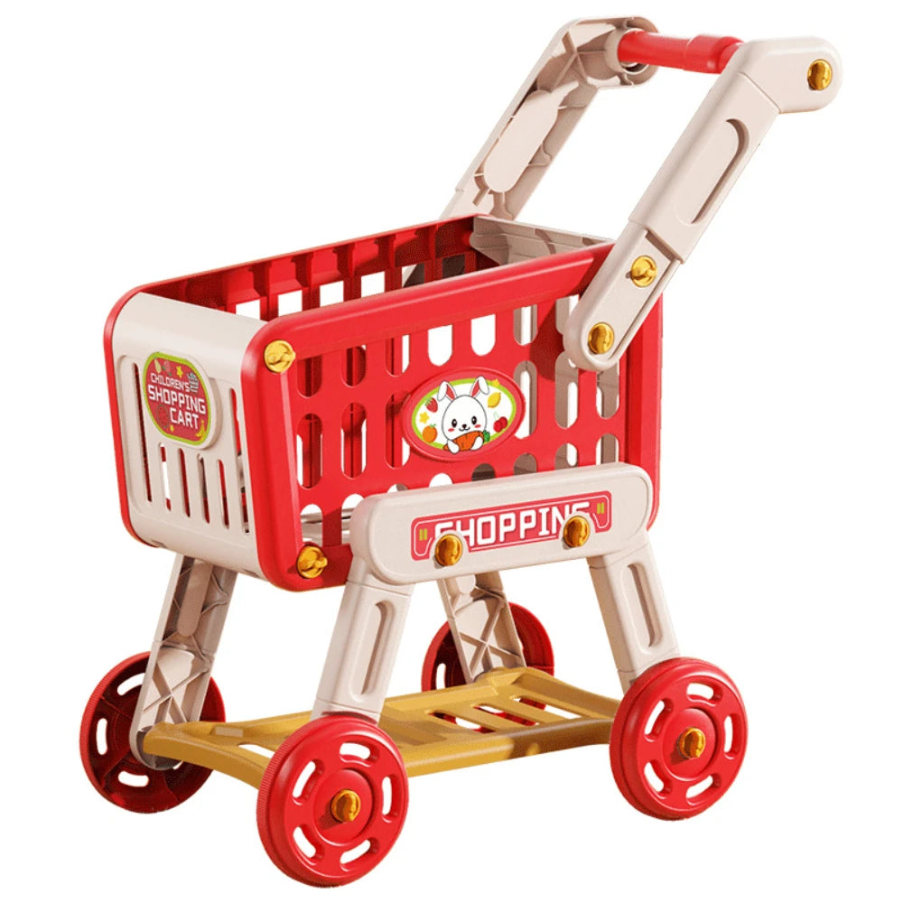 Shopping Cart Toy for Kids Supermarket Trolley with Toy Food Accessories Pretend Play Kitchen Games for Toddlers Ages 3+