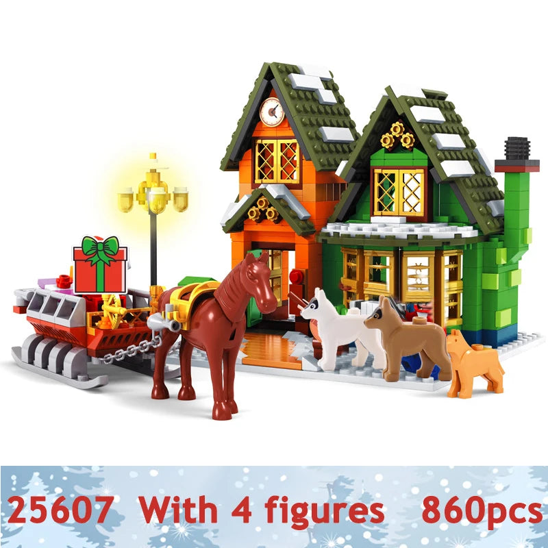 City Train Christmas Winter Village House Santa Gift Set Building Blocks City Street View Architecture Bricks Kids Toys Xmas