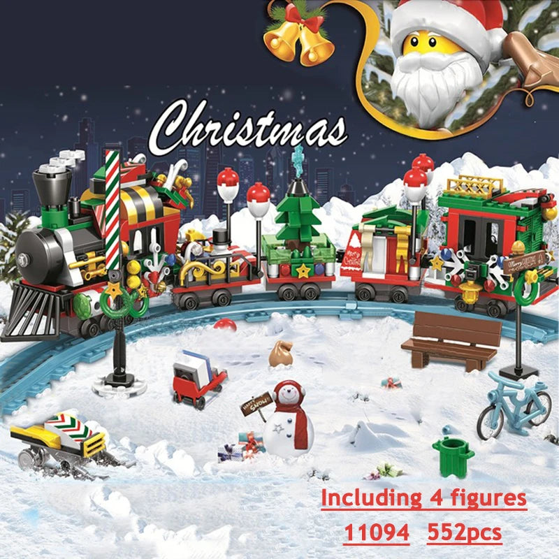 City Train Christmas Winter Village House Santa Gift Set Building Blocks City Street View Architecture Bricks Kids Toys Xmas