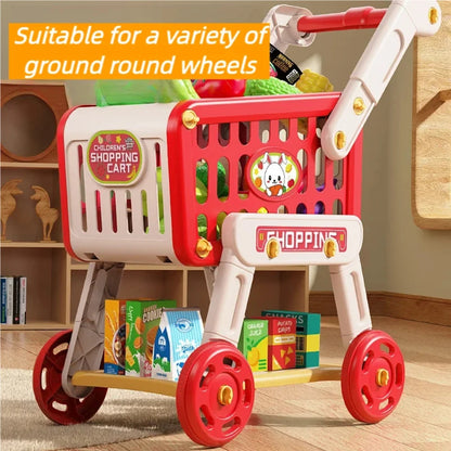 Shopping Cart Toy for Kids Supermarket Trolley with Toy Food Accessories Pretend Play Kitchen Games for Toddlers Ages 3+