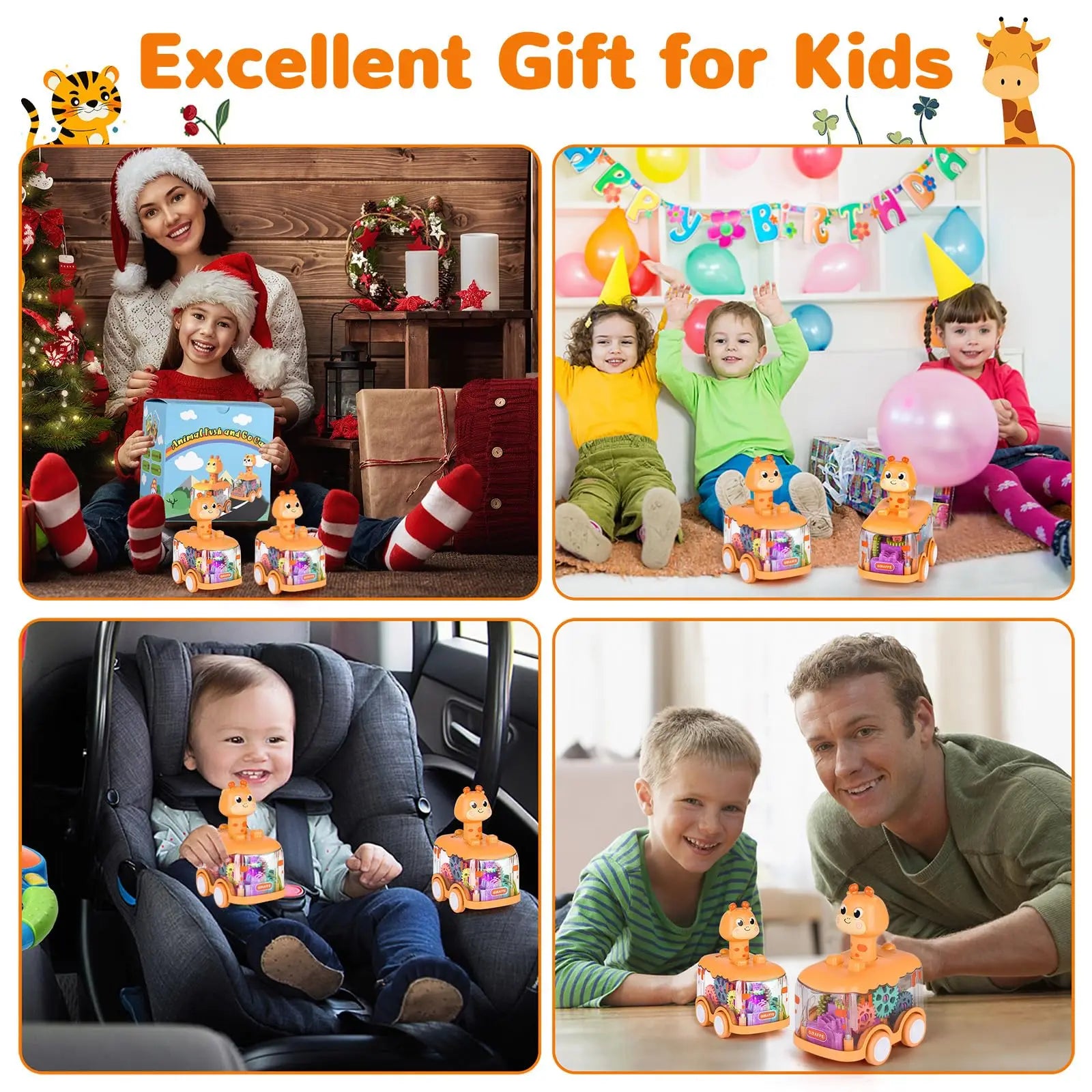 Baby Animal Car Toys for Toddlers 1 2 3 Years Light up LED Toy Pull Back Car with Visible Gear Birthday Gifts for Kids Boys Girl