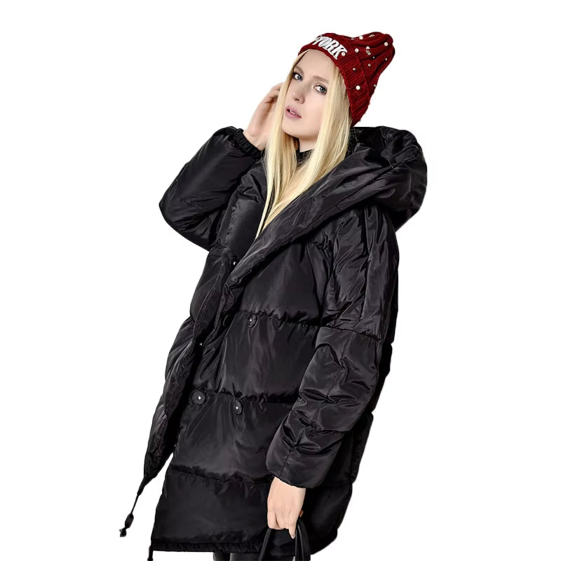 Winter Women Jackets 90% White Duck down Parkas Loose Hooded Coats Medium Long Warm Casual Pink Snow Outwear