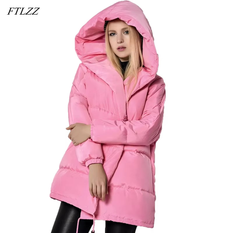 Winter Women Jackets 90% White Duck down Parkas Loose Hooded Coats Medium Long Warm Casual Pink Snow Outwear