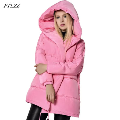 Winter Women Jackets 90% White Duck down Parkas Loose Hooded Coats Medium Long Warm Casual Pink Snow Outwear