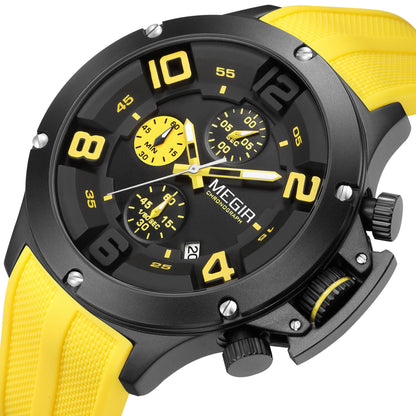 MEGIR Relogio Masculino Luxury Quartz Watch for Men Yellow Silicone Strap Military Sport WristWatch Chronograph with Auto Date 8115