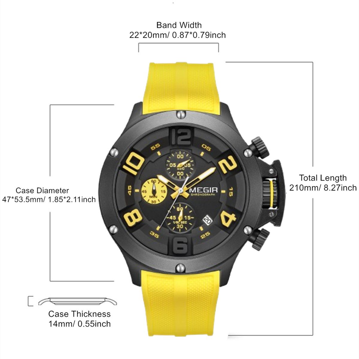 MEGIR Relogio Masculino Luxury Quartz Watch for Men Yellow Silicone Strap Military Sport WristWatch Chronograph with Auto Date 8115