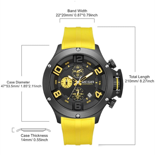 MEGIR Relogio Masculino Luxury Quartz Watch for Men Yellow Silicone Strap Military Sport WristWatch Chronograph with Auto Date 8115