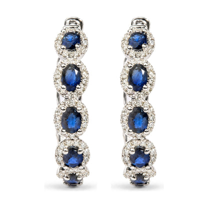 14K White Gold 1/2 Cttw Diamond and Oval Blue Sapphire Halo Hoop Earrings