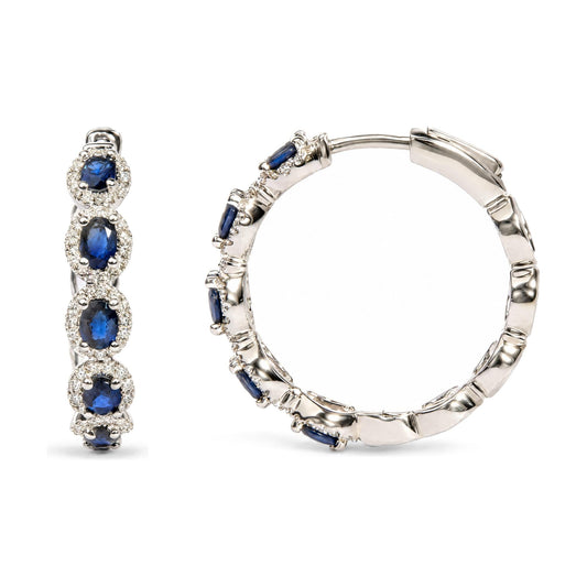 14K White Gold 1/2 Cttw Diamond and Oval Blue Sapphire Halo Hoop Earrings