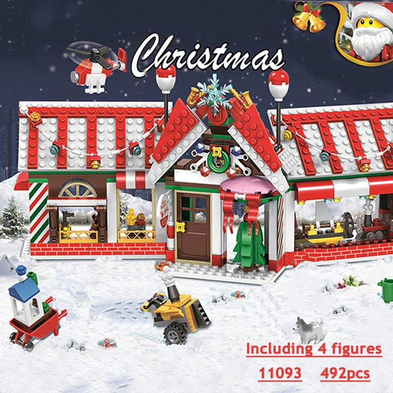City Train Christmas Winter Village House Santa Gift Set Building Blocks City Street View Architecture Bricks Kids Toys Xmas