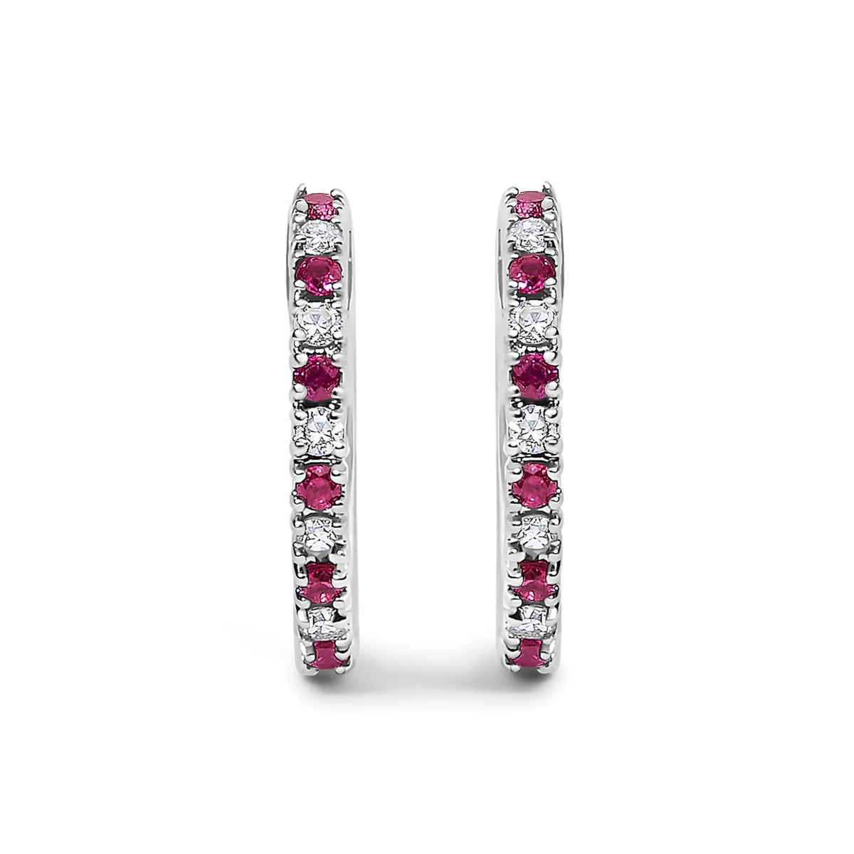 10K Gold Alternating Diamond and Red Ruby Huggy Hoop Earrings