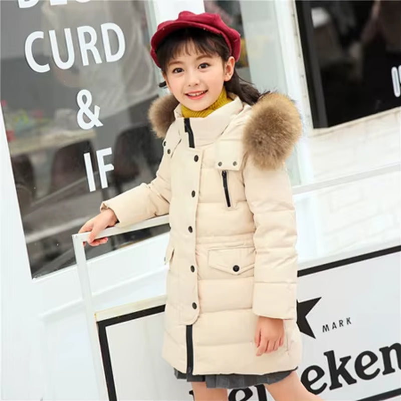 2021 Fashion Children Duck down Jacket Natural Fur Collar Long Thick Winter Jacket Girls Child Coat Outwear Warm for Cold Winter