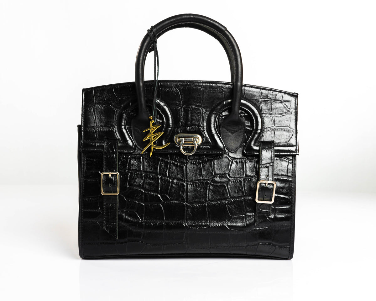 Stacy - Black Croc Tote Bag