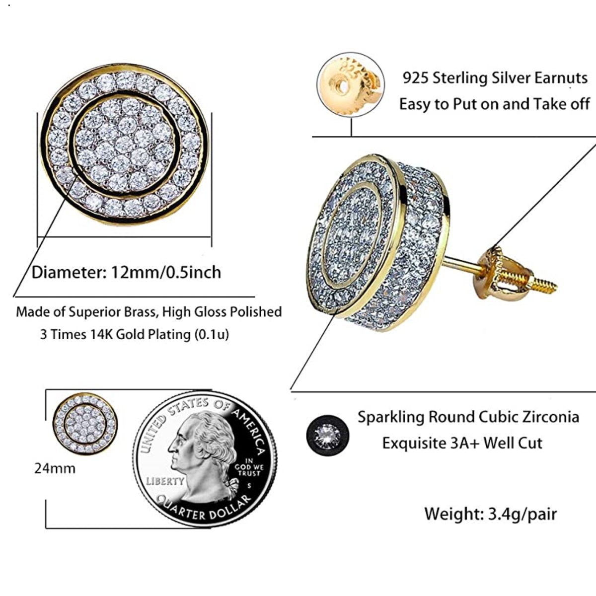 925 Sterling Silver  CZ Hypoallergenic Round Earrings