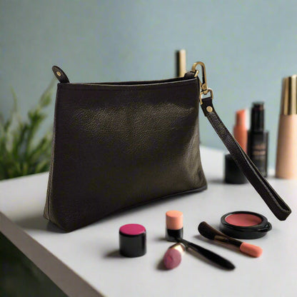 Leather Makeup Pouch, Black