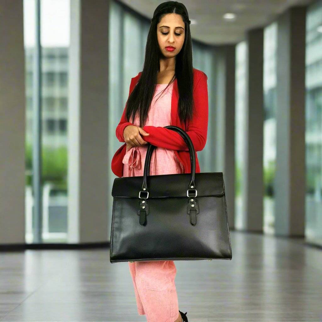 The Signature 17" Leather Laptop Bag, Black Flap