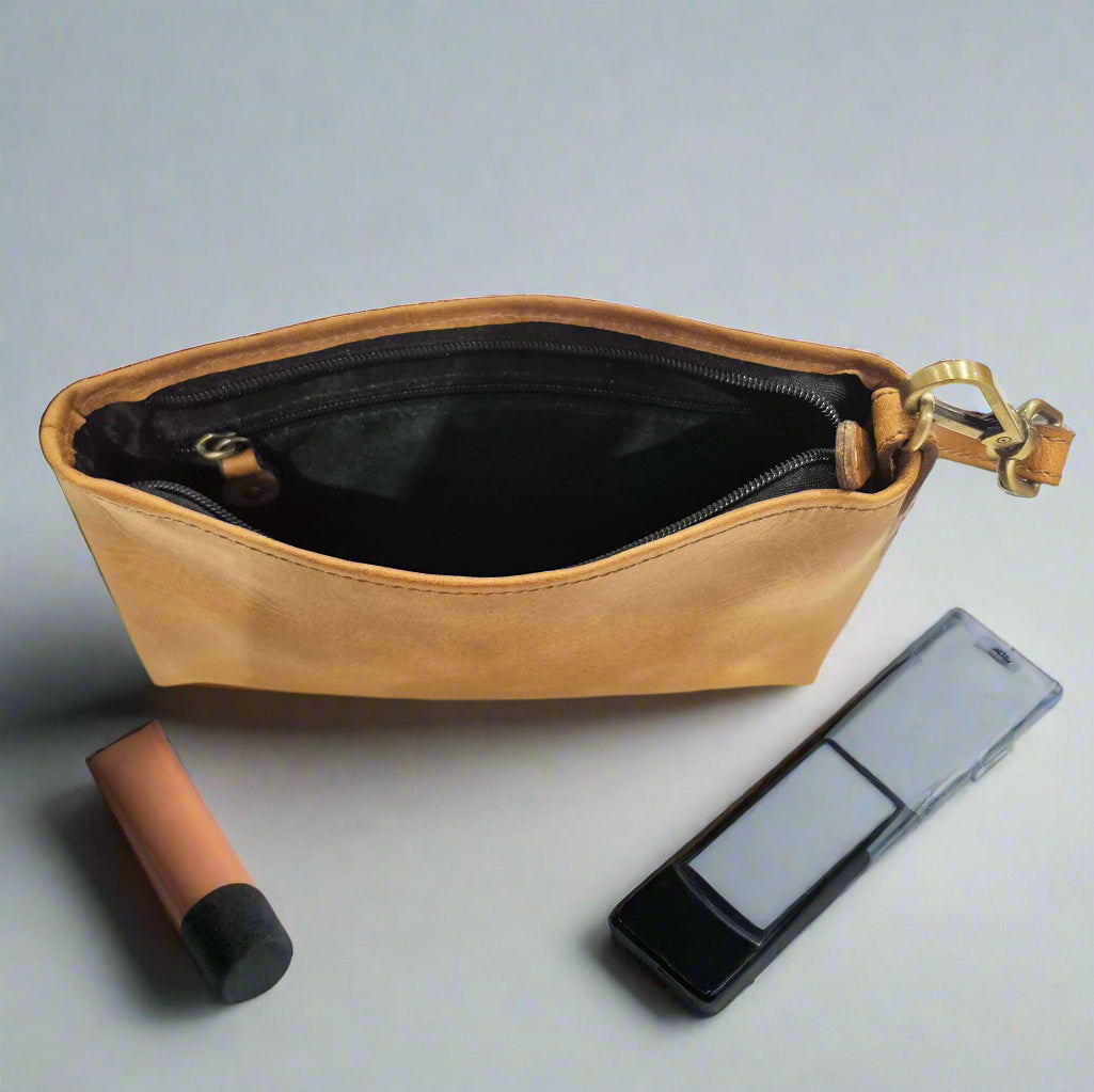 Leather Makeup Pouch, Tan