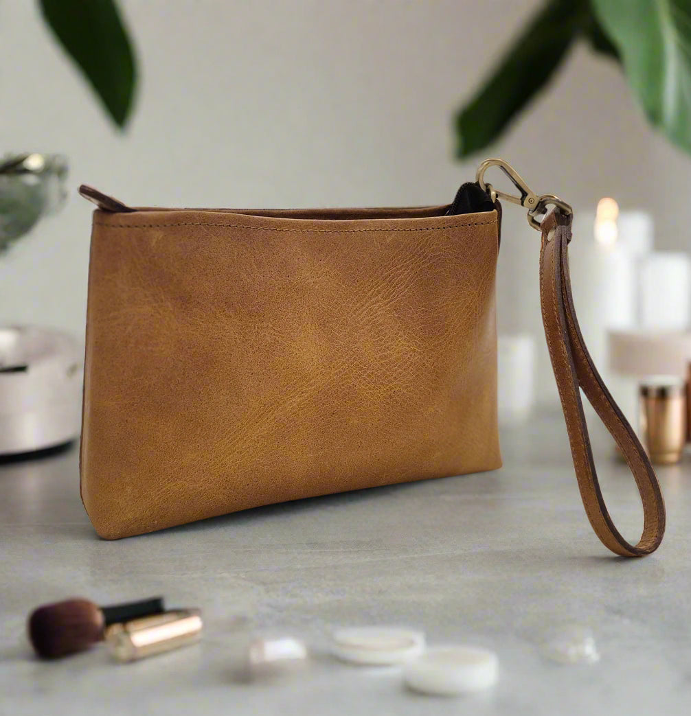 Leather Makeup Pouch, Tan