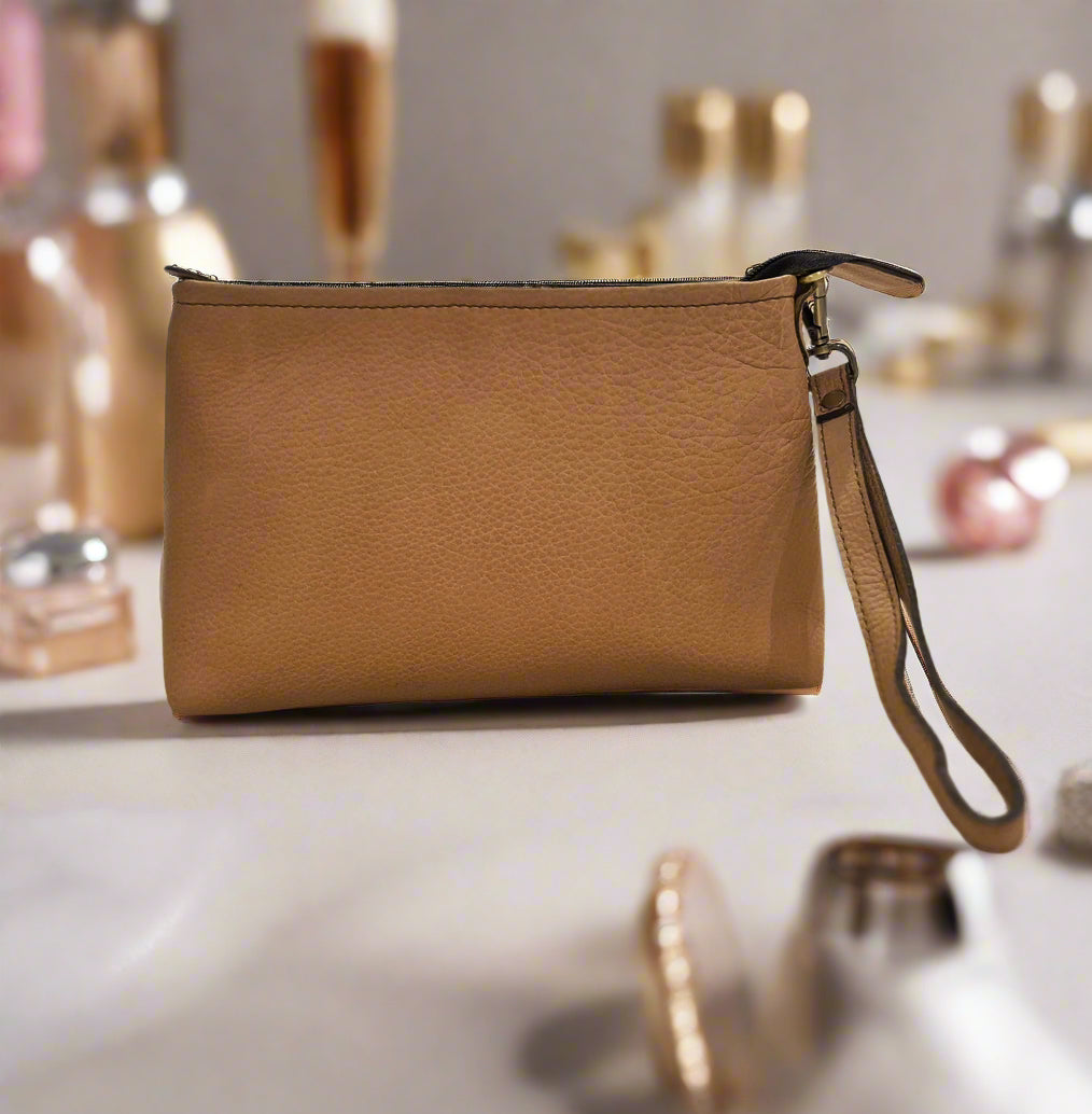 Leather Makeup Pouch, Beige