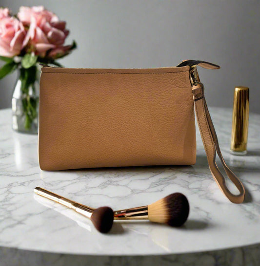 Leather Makeup Pouch, Tan-0