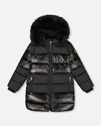 Long Metallic Puffy Coat Black