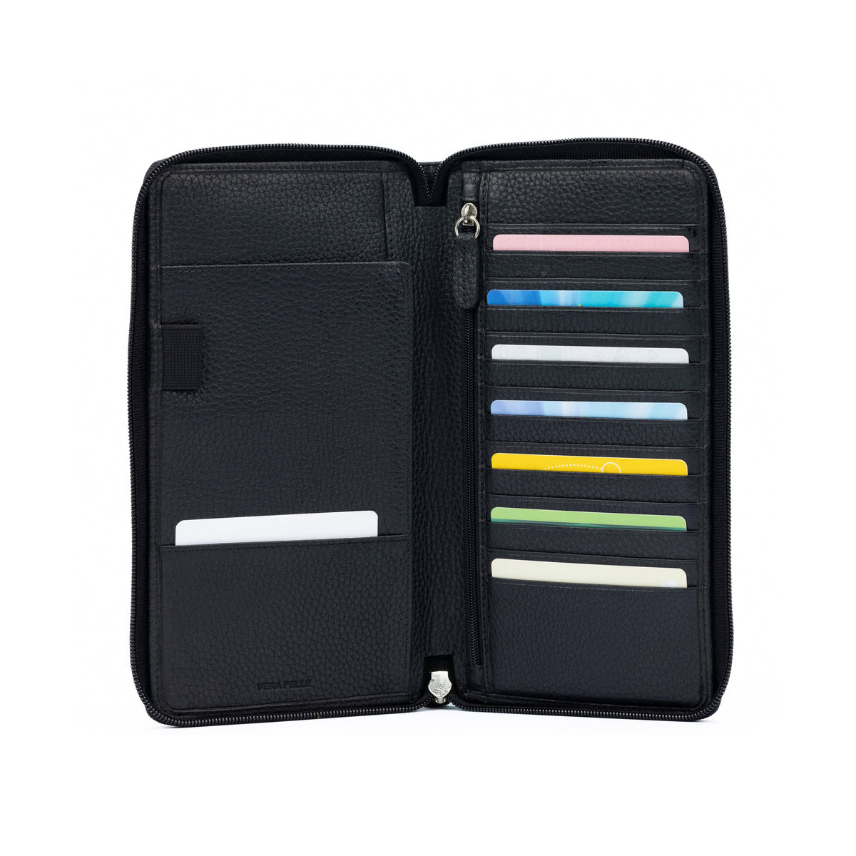 K0005AB | Genuine Full Grain Leather Travel Document Holder, Dollar Grain - Black Color - Size: 12.5 x 22 x 2 cm - Package: Tnt Bag