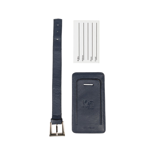 K0006DB | Luggage tag made of genuine full-grain leather with light grain. Blue color. Adjustable strap. Size: 12 x 6.5 x 1 cm - Packaging: hard bottom/cover Gift Box