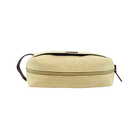 K0014GB | Canvas/Vera full-grain leather beauty case, foxed. Rope/Brown head color. Side handle. Zipper closure. Dimensions: 24 x 15 x 9 cm. Packaging: Tnt bag.