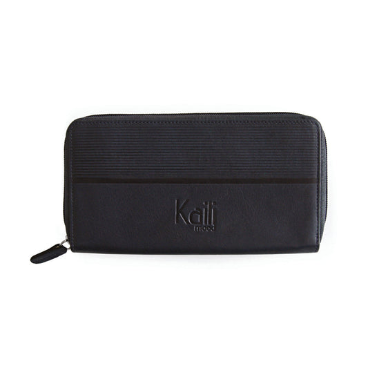 K10438DB | Women's wallet in genuine smooth, full-grain leather. Blue color. Allover hot stamping. Size when closed: 18.5 x 10 x 2.5 cm. Packaging: hard bottom/cover Gift Box