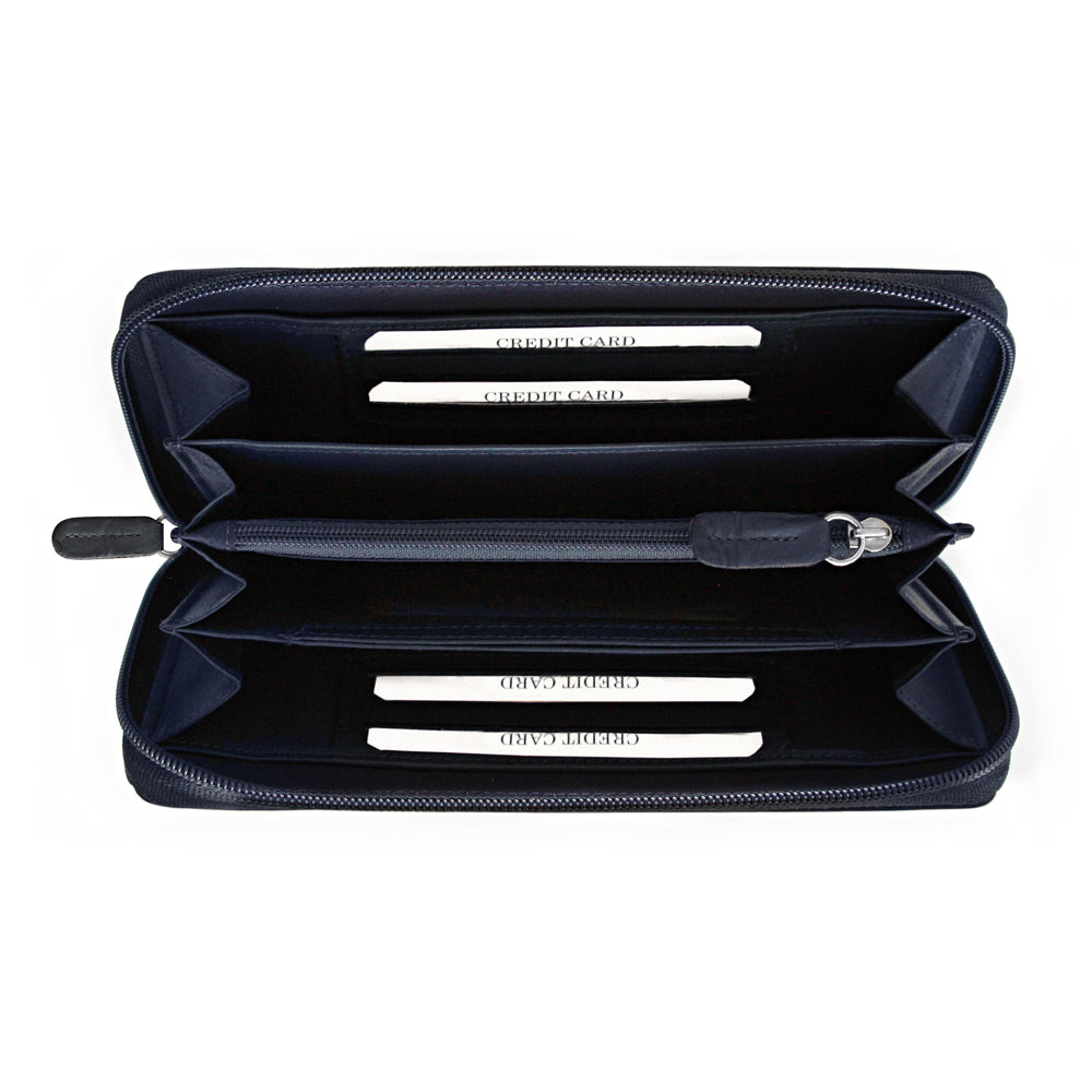 K10438DB | Women's wallet in genuine smooth, full-grain leather. Blue color. Allover hot stamping. Size when closed: 18.5 x 10 x 2.5 cm. Packaging: hard bottom/cover Gift Box