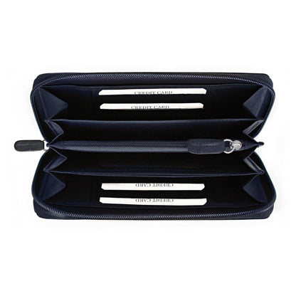 K10438DB | Women's wallet in genuine smooth, full-grain leather. Blue color. Allover hot stamping. Size when closed: 18.5 x 10 x 2.5 cm. Packaging: hard bottom/cover Gift Box