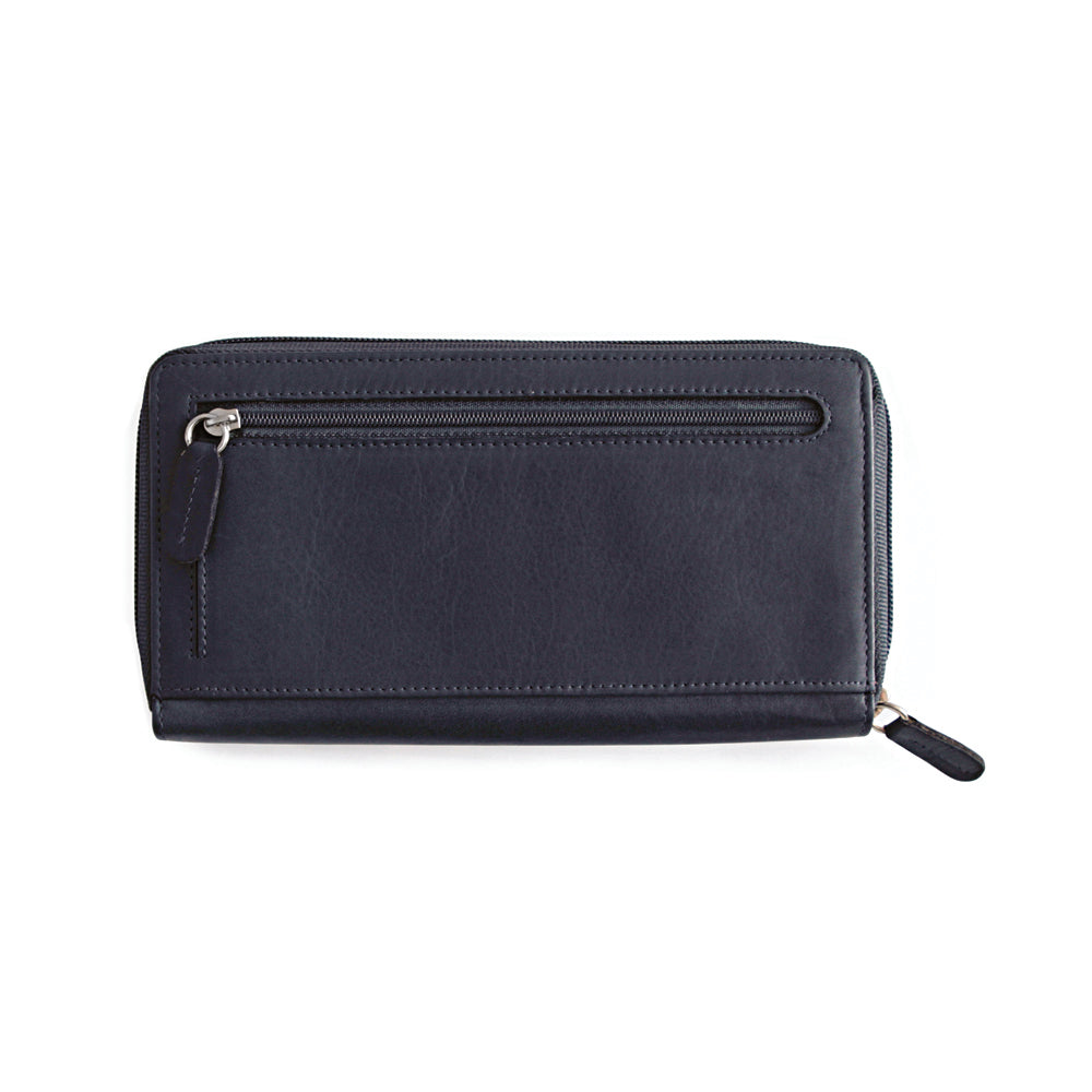 K10438DB | Women's wallet in genuine smooth, full-grain leather. Blue color. Allover hot stamping. Size when closed: 18.5 x 10 x 2.5 cm. Packaging: hard bottom/cover Gift Box