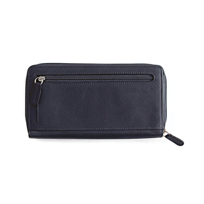 K10438DB | Women's wallet in genuine smooth, full-grain leather. Blue color. Allover hot stamping. Size when closed: 18.5 x 10 x 2.5 cm. Packaging: hard bottom/cover Gift Box