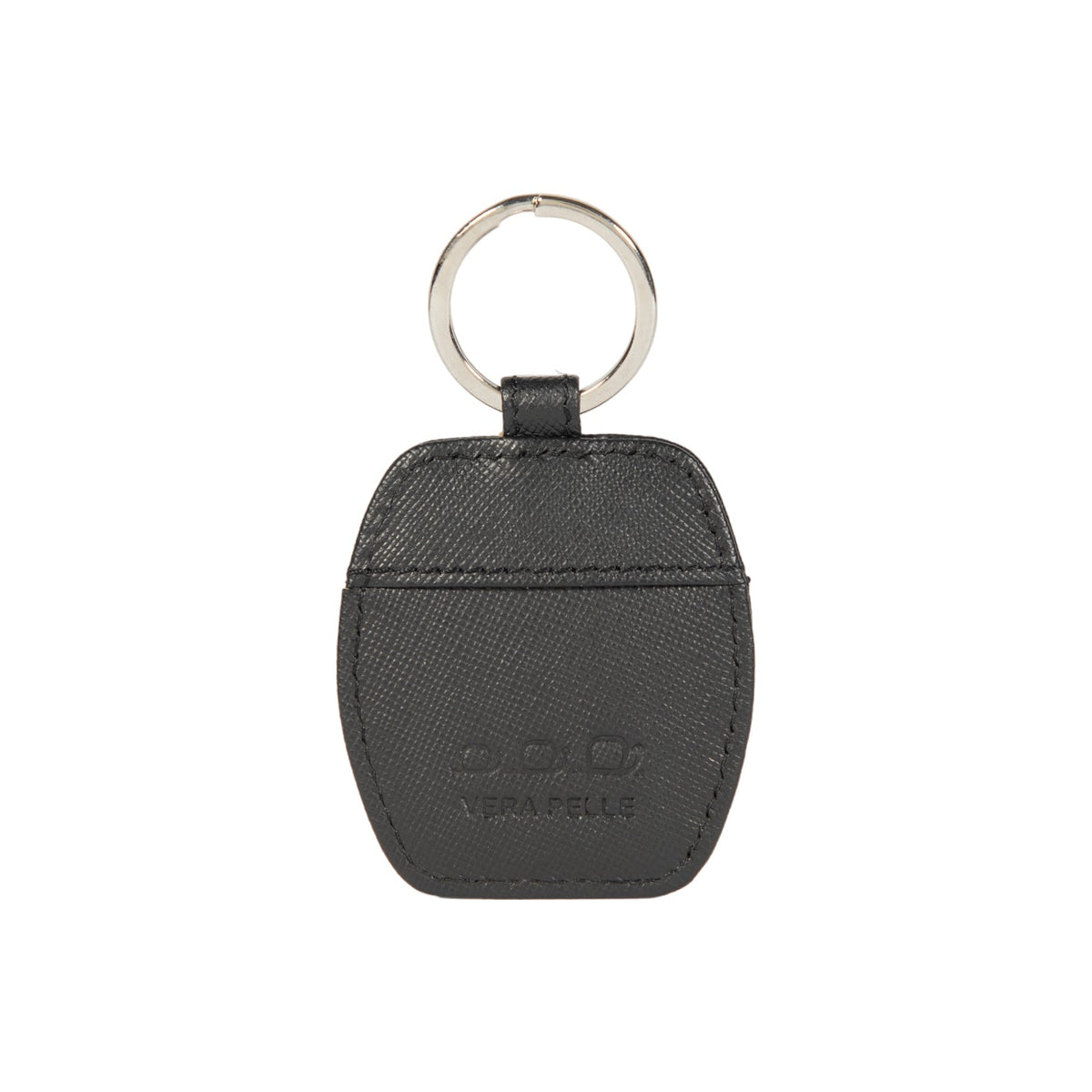 K10854AB | Saffiano Vera Pelle keychain. Black color. Polished Nickel key ring. Total dimensions: 5.5 x 9.5 x 0.5 cm. Packaging: hard bottom/cover Gift Box